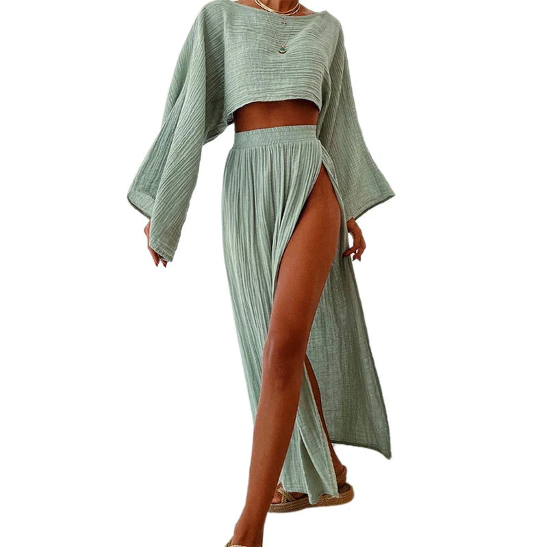 Elegant Women Crop Tops & High Waist Slit Maxi Skirts 2 Pieces Linen Pants Sets Beach Cover Ups Lounge Matching Sets LightGreen