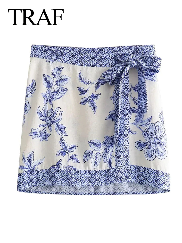 TRAF Women New Fashion Casual Lace Up Bow Decoration Blue Print Mini Skirt Women Vintage Beach Style High Waist Slim Skirts