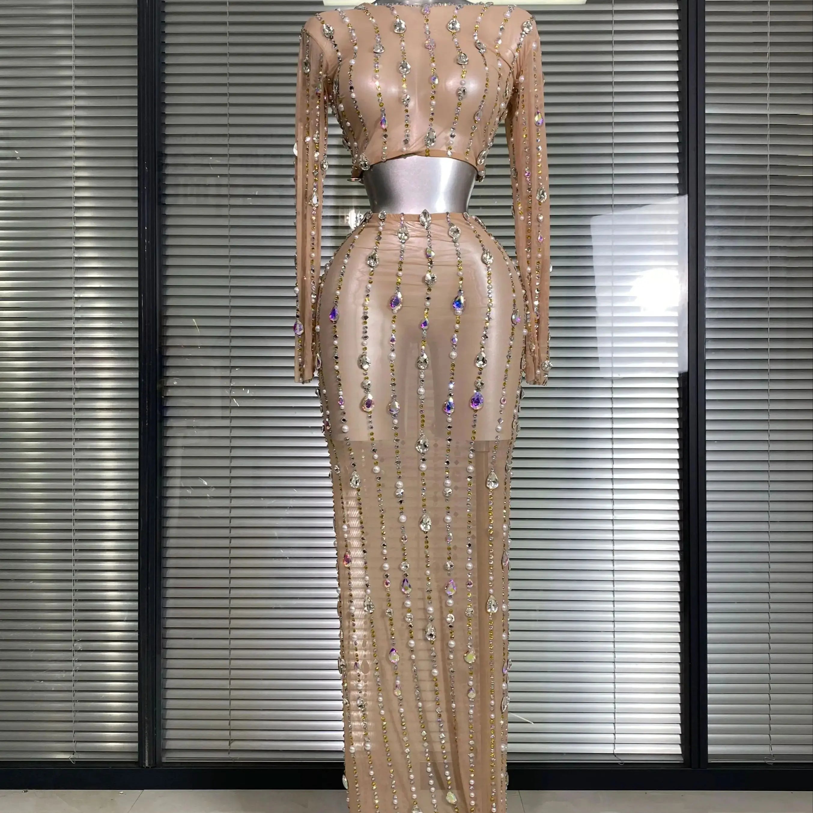 New Sexy Two Pieces Set Women Celebrity Crystal Diamond Night Club Skirt Suits Singer Dancer Tassel Stage Performance Costume