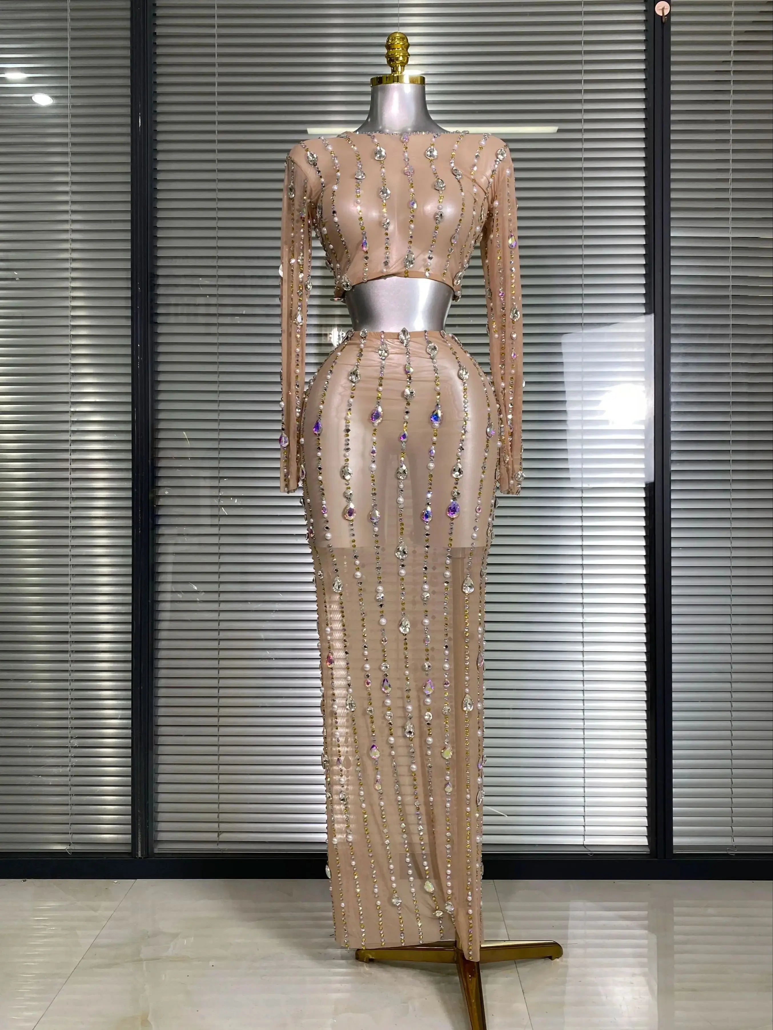 New Sexy Two Pieces Set Women Celebrity Crystal Diamond Night Club Skirt Suits Singer Dancer Tassel Stage Performance Costume