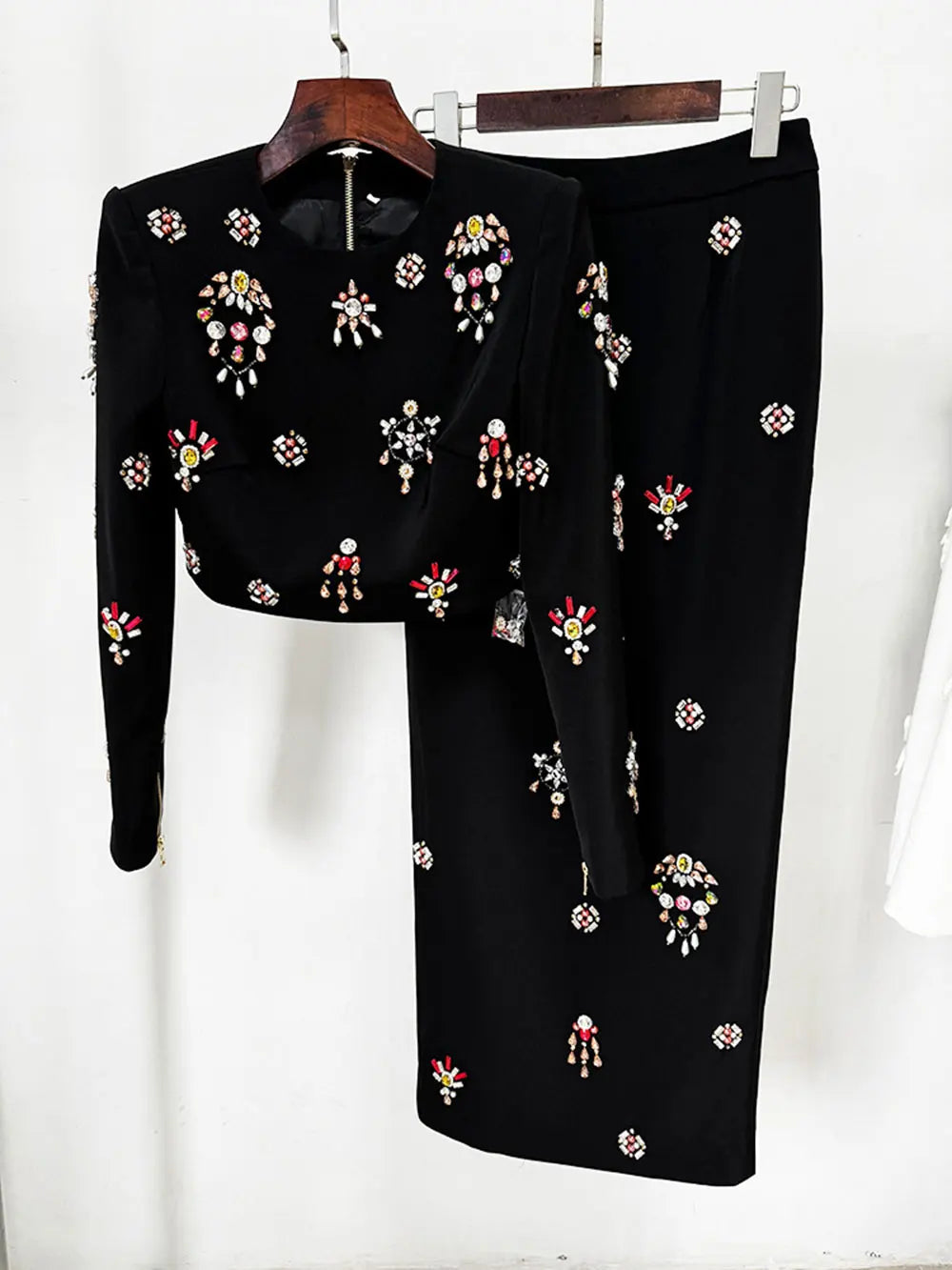 2024 New Elegant Women's Light Luxury Nail Bead Short Skirt Set O-neck Long Sleeve Ultra Short Top+Mini Skirt Two piece Set