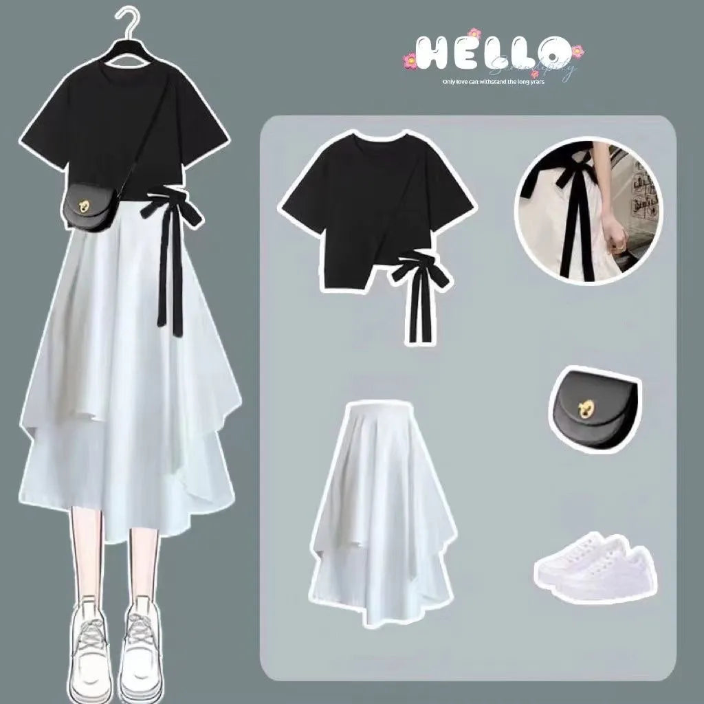 Korean Style Bow Tassel Short Sleeve T-shirt Tops Ruffle Ruffle Skirt Two-piece Elegant Women's Skirt Suit Casual Outfits black 2pcs set