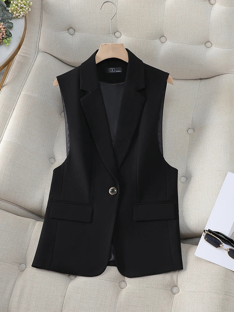 Fashion Women Formal Blazer Vest Ladies Khaki Black Coffee Slim Sleeveless Jacket Coat For Business Work Wear Black Vest