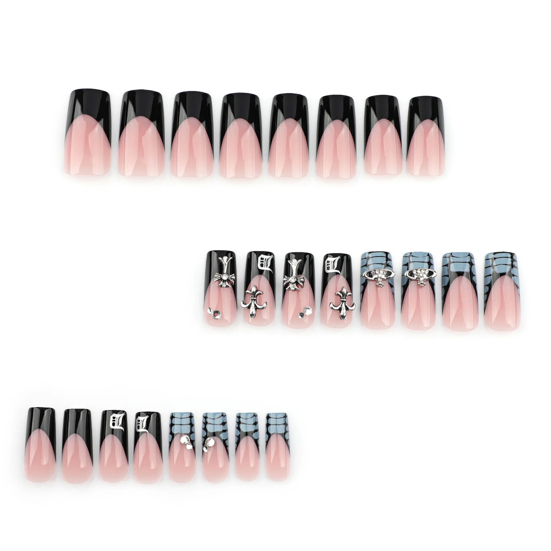 24pcs French Black Crocodile Pattern Beautiful Cross Press on Nail Tips Artificial Fake Nails Seamless Removable False Nails