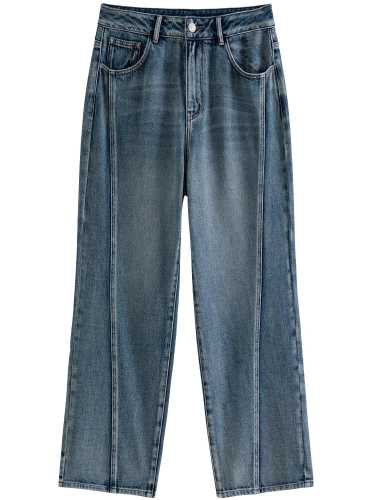 Casual Style High Waist Cotton Straight Jeans for Women Autumn All-match Denim Pants Female