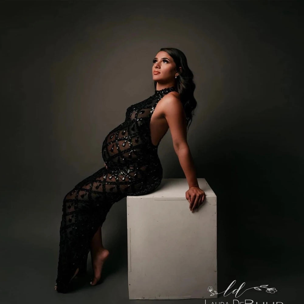 Rhinestone Maternity Photoshoot Dresses Sexy Crystals Sparkling Stretchy Mesh Dress For Pregnant Women Pregnancy Photography