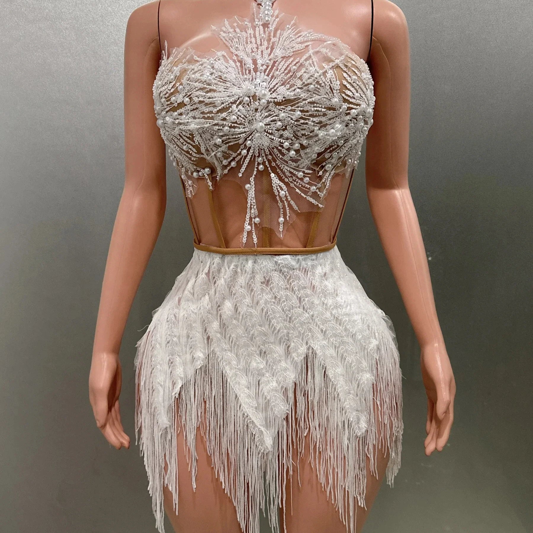 STOCK Women Sexy Off the Shoulder Shinning Sequins Tassels Bodycon Mini Dress 2 Pieces Celebrate Nightclub Performance Costume