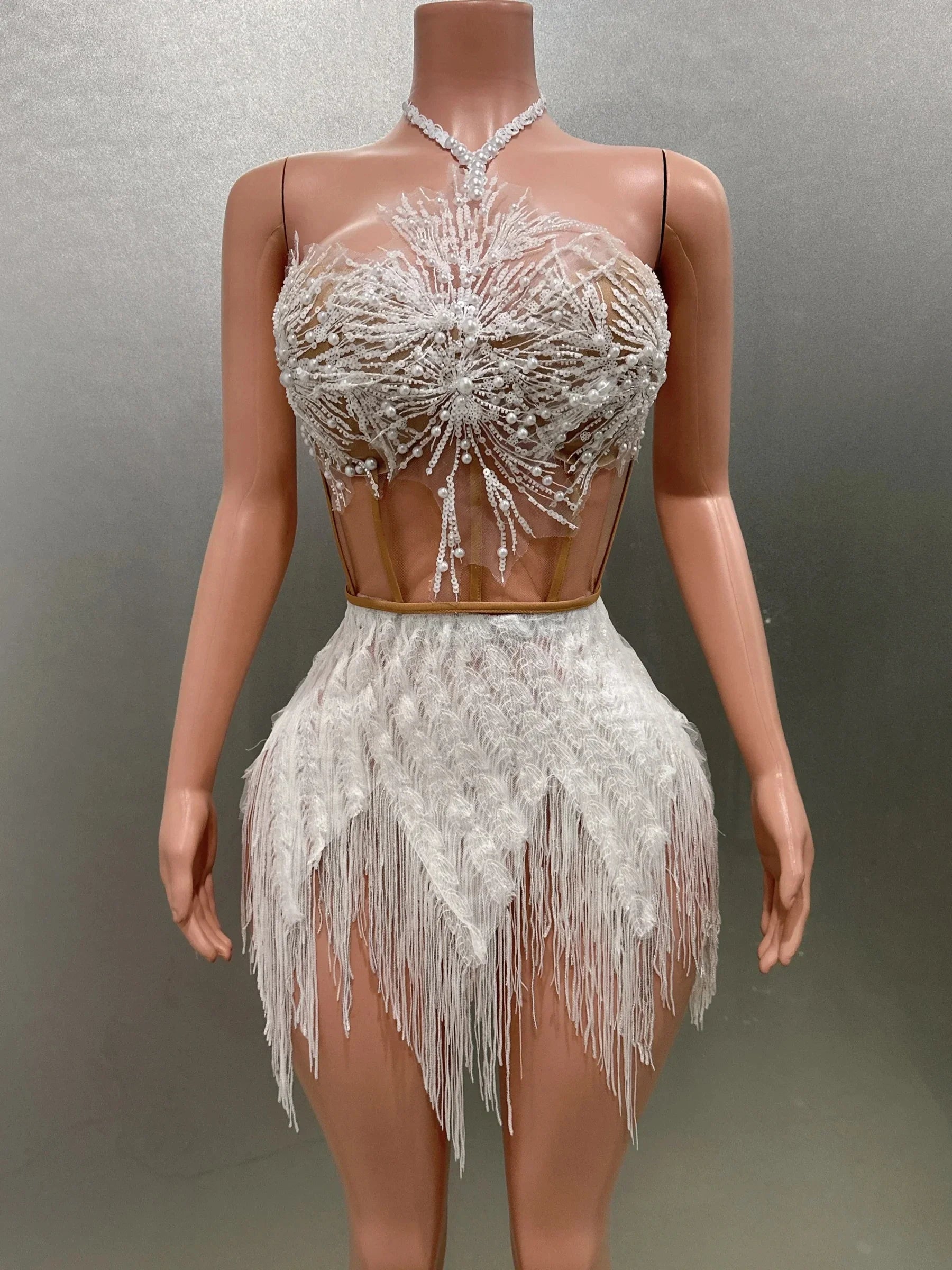 STOCK Women Sexy Off the Shoulder Shinning Sequins Tassels Bodycon Mini Dress 2 Pieces Celebrate Nightclub Performance Costume