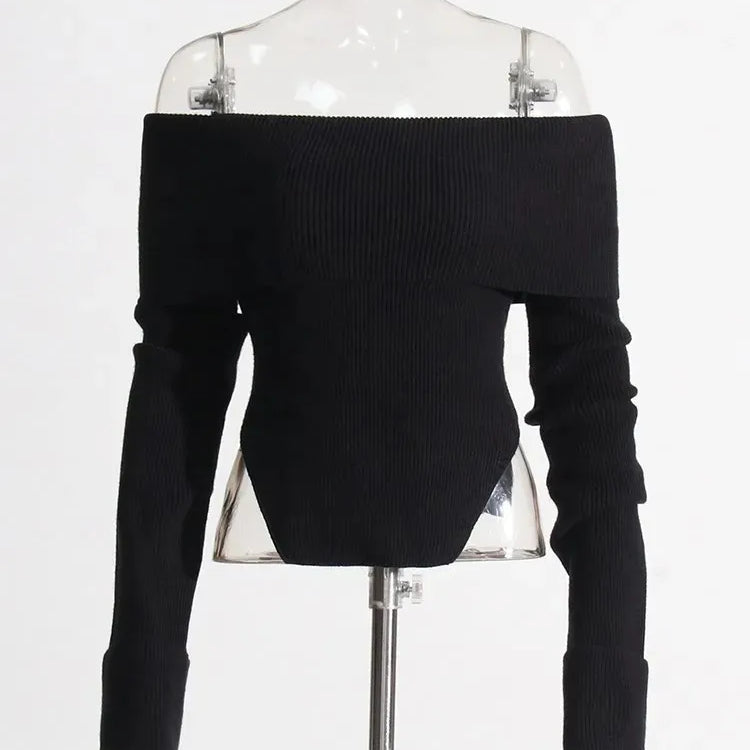 Solid Temperament Sweaters For Women Slash Neck Long Sleeve Tunic Irregular Minimalist Sweater Female Fashion Style