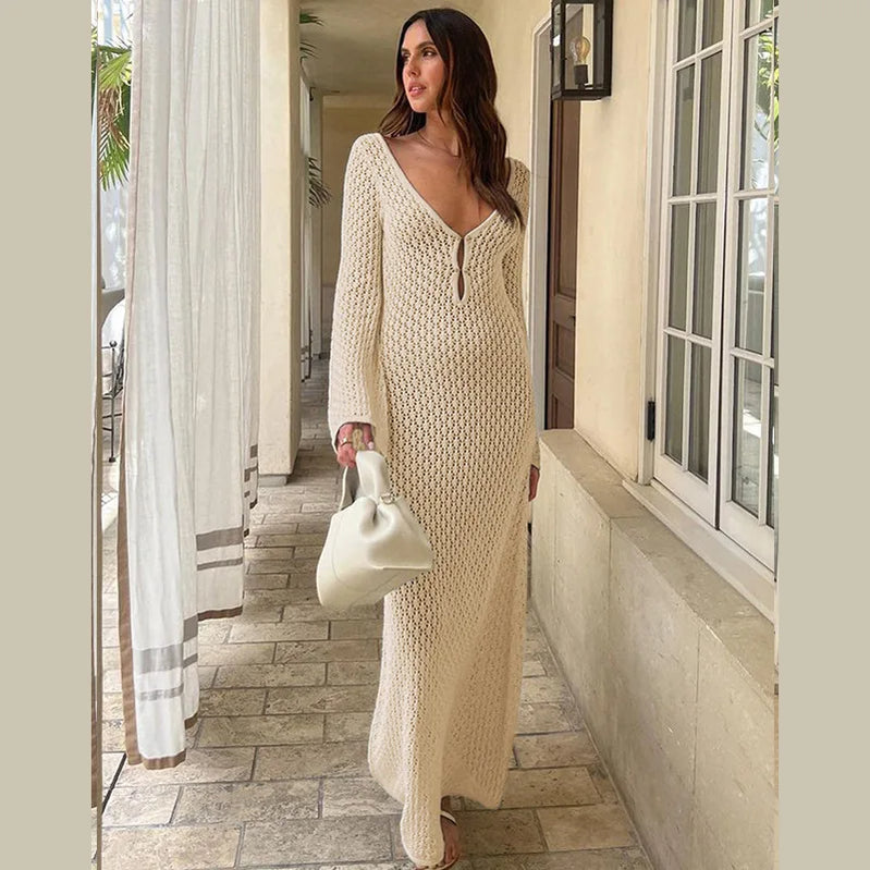 Sexy Women Long Knit Beach Dress Hollow-Out Deep V-Neck Long Sleeve Bikini Cover-Ups Dress Fall Backless Holiday Dress As Photo