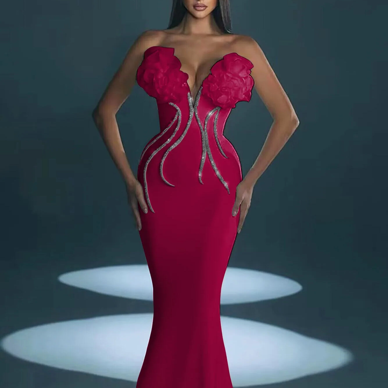 Rosered Color Women Sexy Strapless Florals Bodycon Long Bandage Dress Fashion Celebrate Nightclub Party Birthday Dress