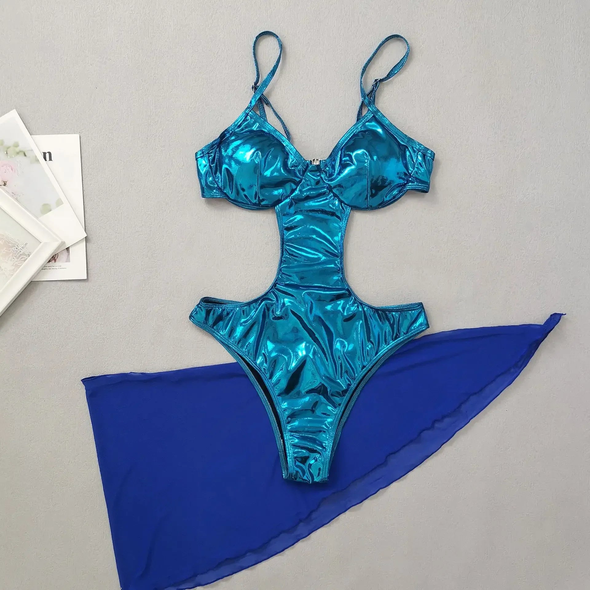 Blue Shiny High Waist Bikini, Hollow Out 2 Piece Gauze Skirt Swimsuit,summer Beach Vacation Backless Bathing Suit Swimwear Blue