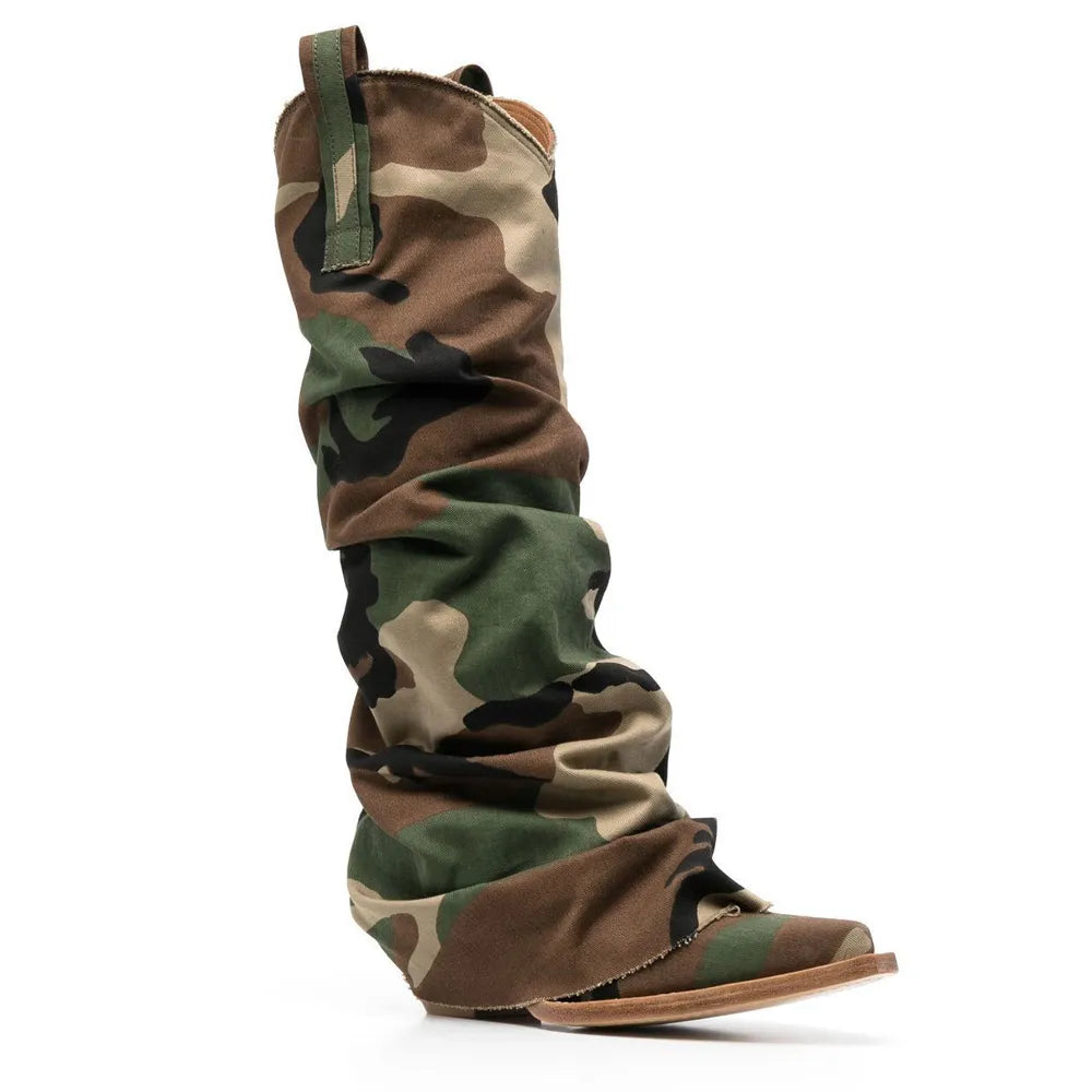 YJXKJY 2023 European and American New Women's Camouflage Denim Wedge-Soled Shoes Sleeve Knee Boots Camo Female Big Size Shoes