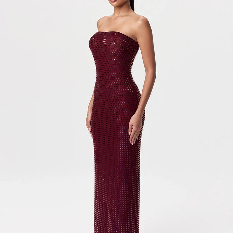 VC Redwine Beaded Strapless Long Maxi Dress For Women Elegant Sleeveless Backless Sparkle Crystals Bodycon Cocktail Evening Gown