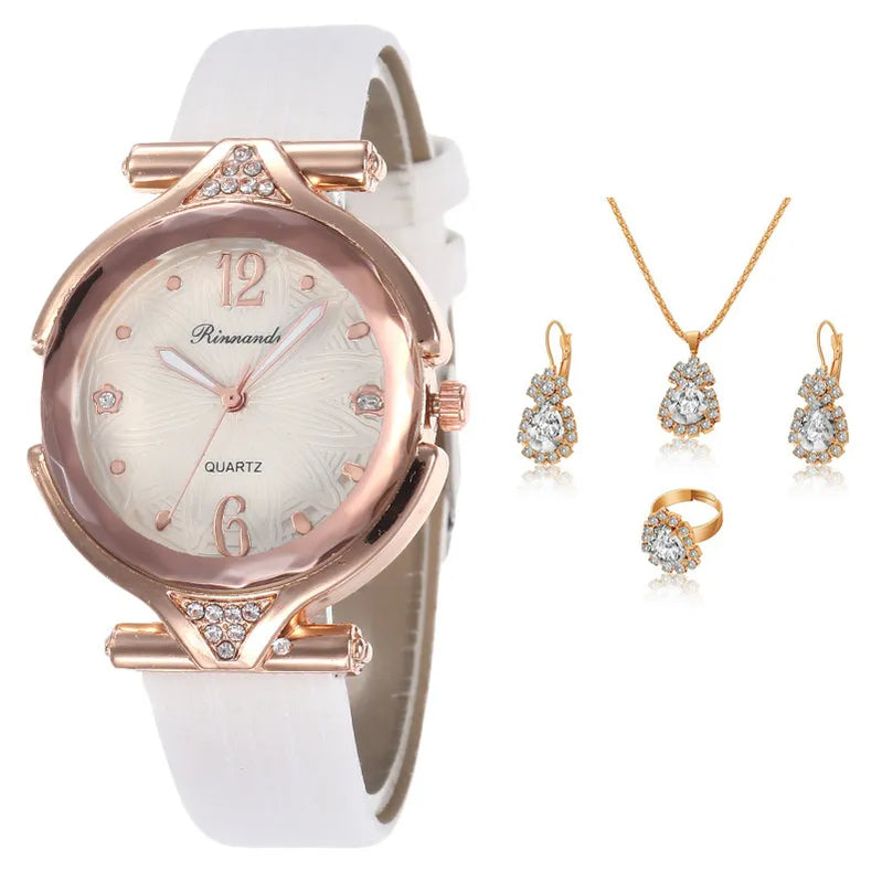 5pcs Set Fashion Women Watches Luxury Fine Ladies Wristwatch Necklace Female Ring Earring Gift Leather Quartz Watch reloj mujer 5pcs set white