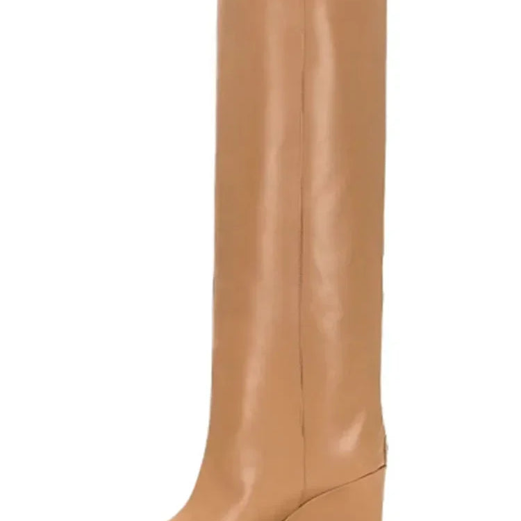 New European and American Thick Sole Knee Long Women's Boots with Pointed Side Zipper Thick High Heel Women's Mid Length Boots 519-light brown