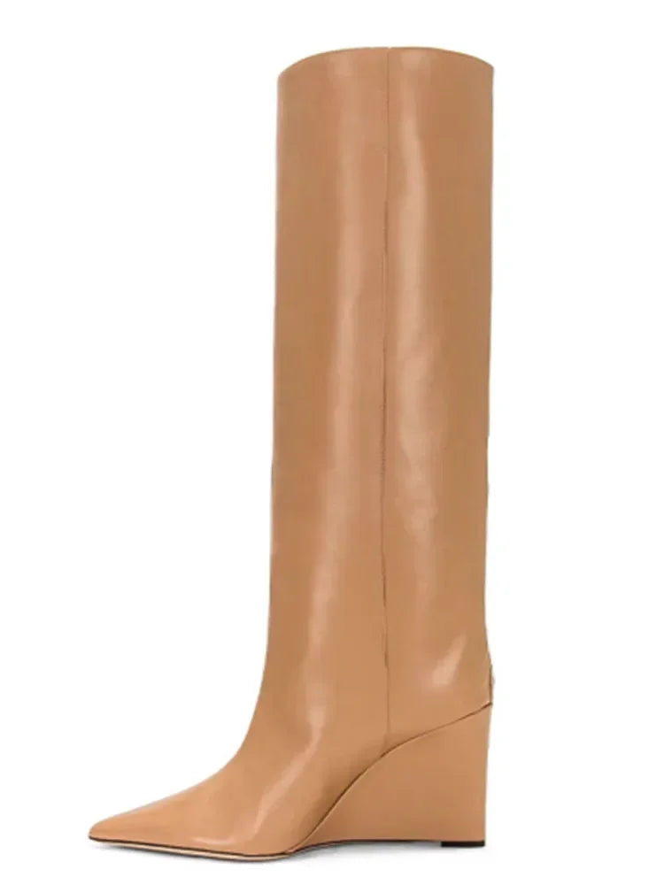 New European and American Thick Sole Knee Long Women's Boots with Pointed Side Zipper Thick High Heel Women's Mid Length Boots 519-light brown