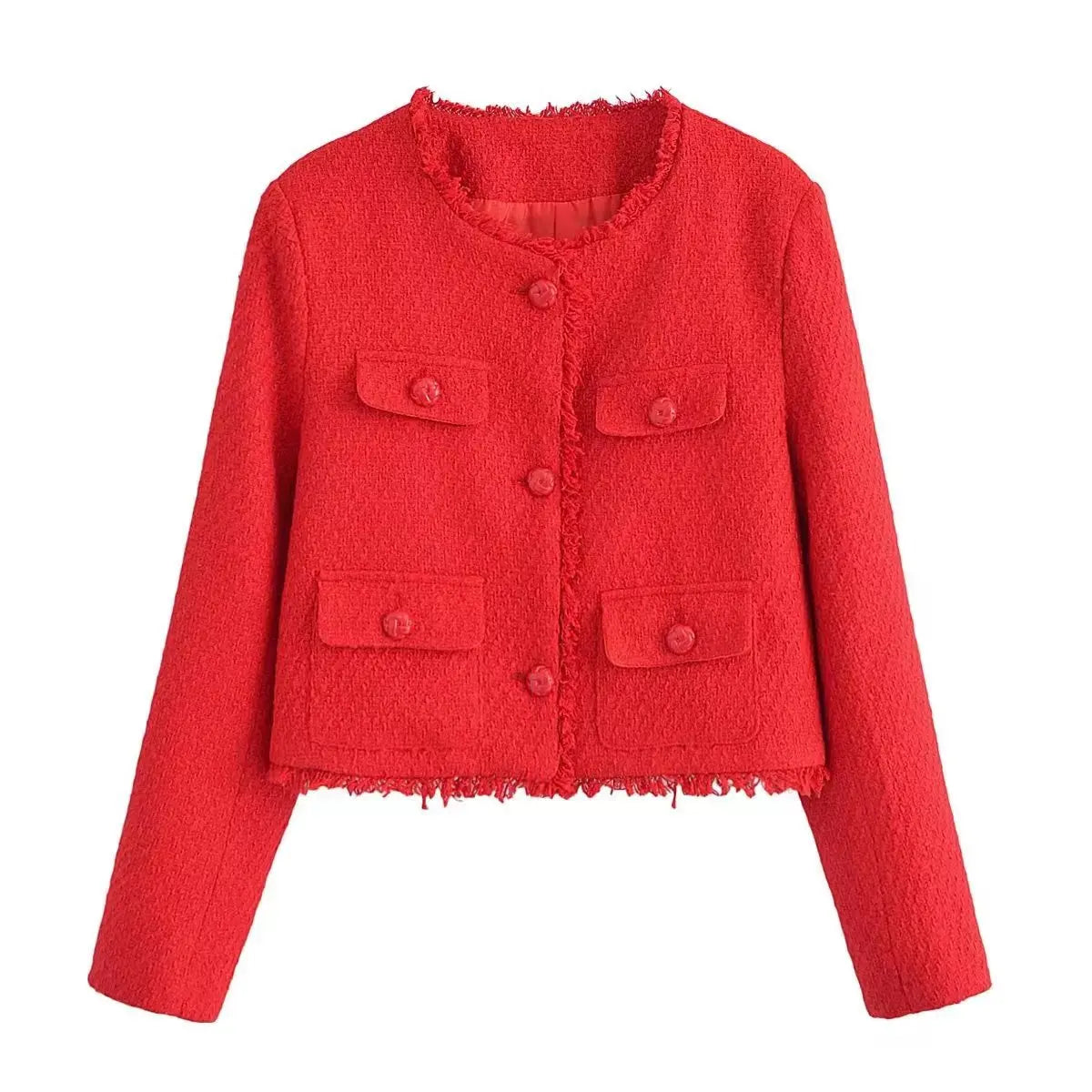 Short Tweed Coat Women Autumn Fashion Elegant O-neck Long Sleeve Botton Frayed Pockets Jackets Female Outwear Office Lady Coats red