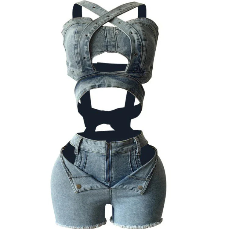 CM.YAYA Sexy Holiday Denim Women's Set Halter Neck Crop Tops and Ripped Out Shorts Jeans 2025 Summer Two 2 Piece Sets Outfit