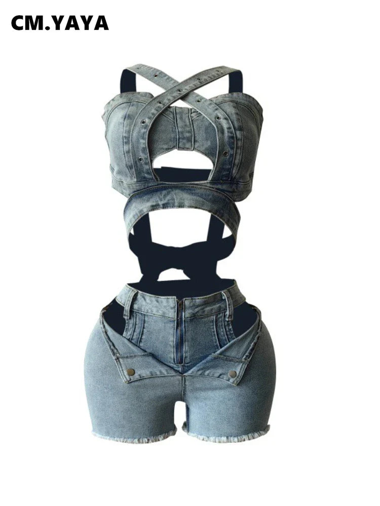 CM.YAYA Sexy Holiday Denim Women's Set Halter Neck Crop Tops and Ripped Out Shorts Jeans 2025 Summer Two 2 Piece Sets Outfit