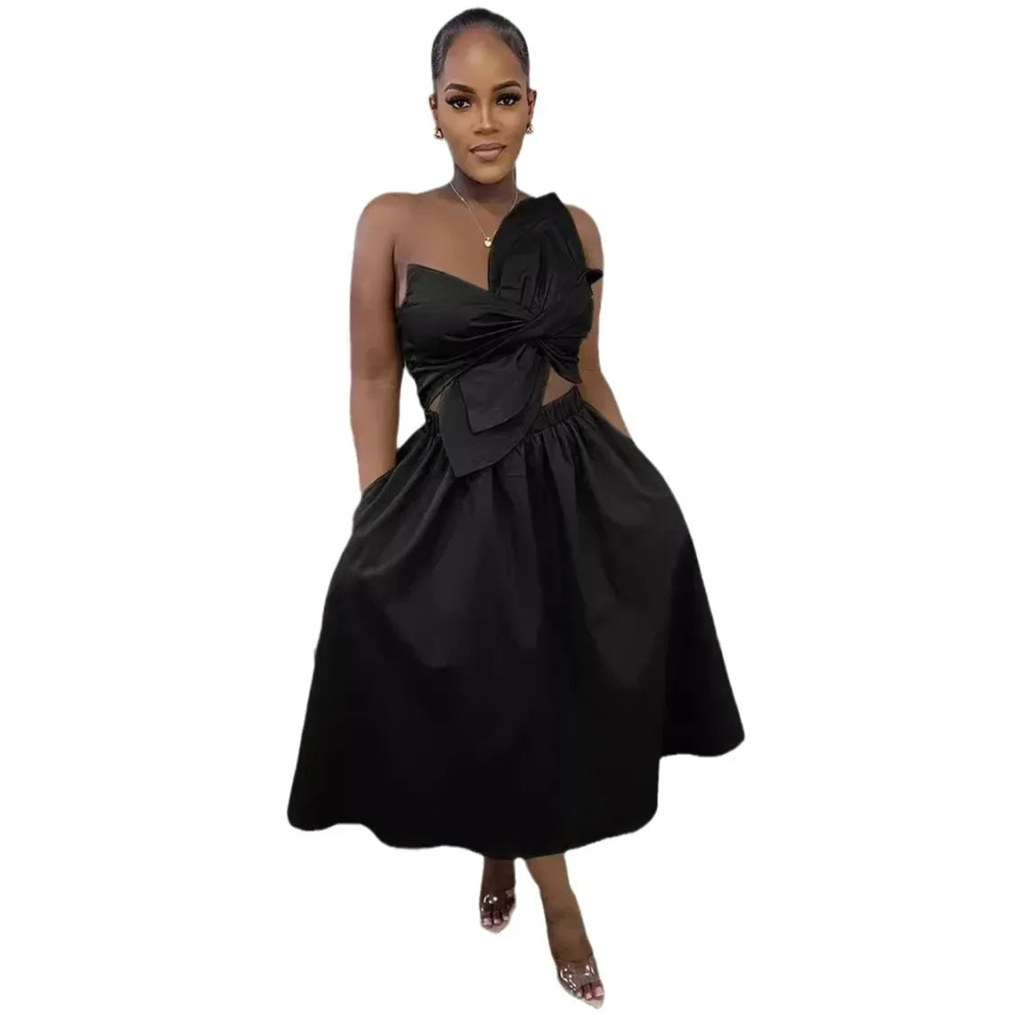 CM.YAYA Women Big Petal Front Strapless Midi Long Dress 2024 Summer Street Vestidos Sexy Party Evening Chic Big Swing Dresses