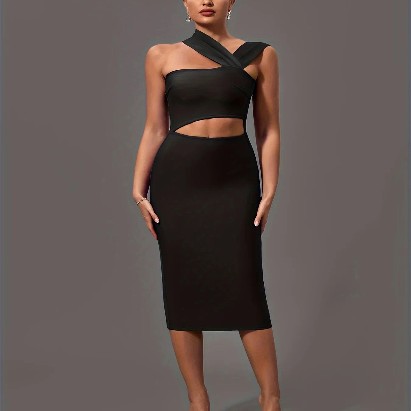 Black Bandage Dress Women Midi Party Dress Bodycon Elegant Halter Neck Sexy Cut Out Birthday Evening Club Outfits Summer