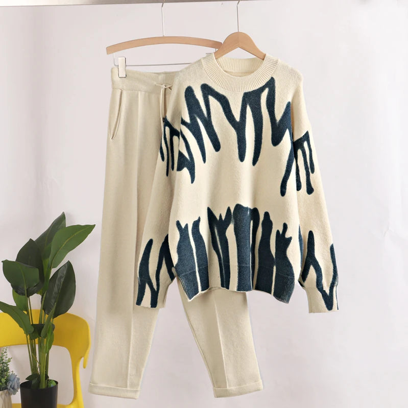 GIGOGOU Two Piece Women Autumn Winter Sweater TrackSuit OverSized Harem Pant Suits Lady Casual Warm Knitted Set apricot blue One Size