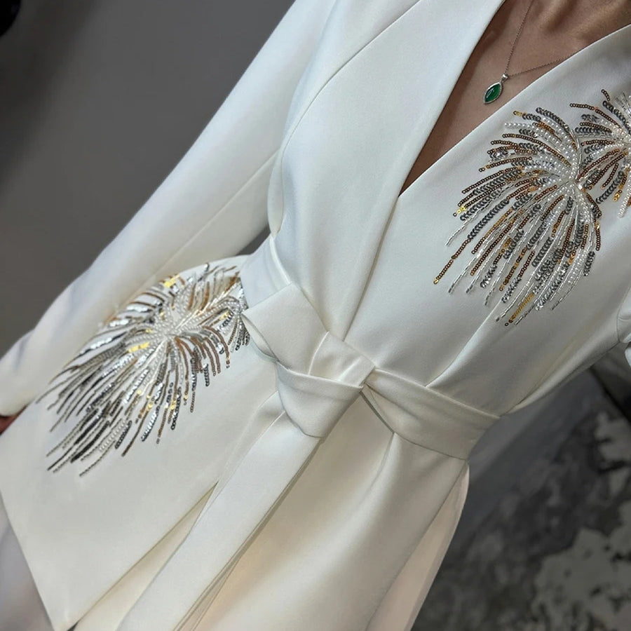 TWOTWINSTYLE Solid Slimming Two Piece Sets for Women V Neck Long Sleeves Patchwork Sequins Top High Waist Pant Fashionset Female