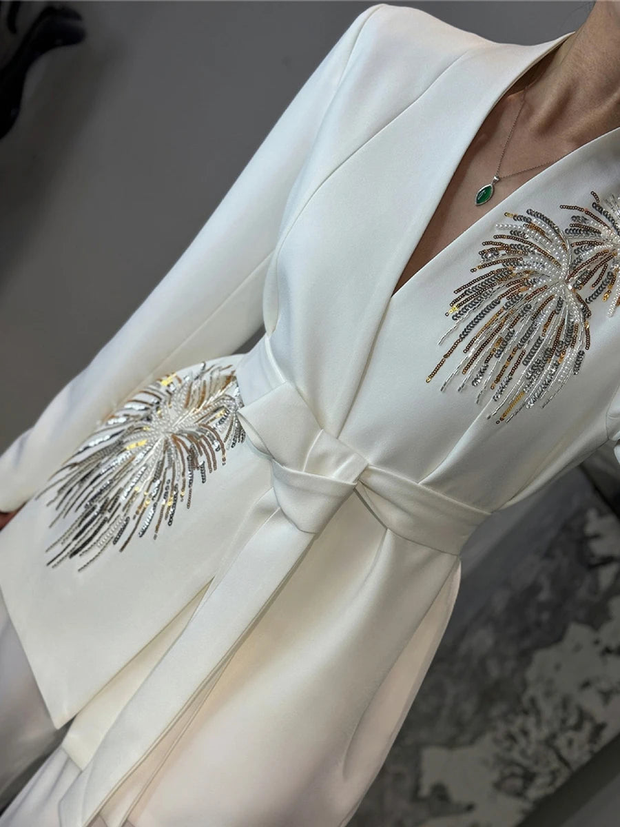 TWOTWINSTYLE Solid Slimming Two Piece Sets for Women V Neck Long Sleeves Patchwork Sequins Top High Waist Pant Fashionset Female