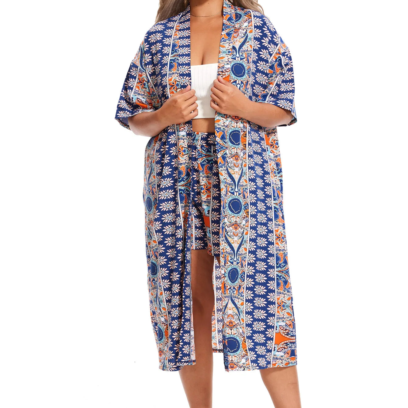 Plus Size Print Two-piece Set, Short Sleeve Open Front Kimono & Elastic Waist Shorts Outfits, Women's Plus Size Clothing