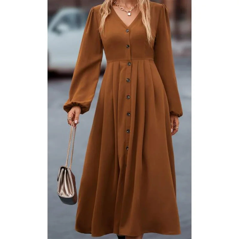 Plus Size High Street Style Women's A-line Long Dress V-neck Button Decoration Elegant Commuter Women's Dress Autumn and Winter Brown