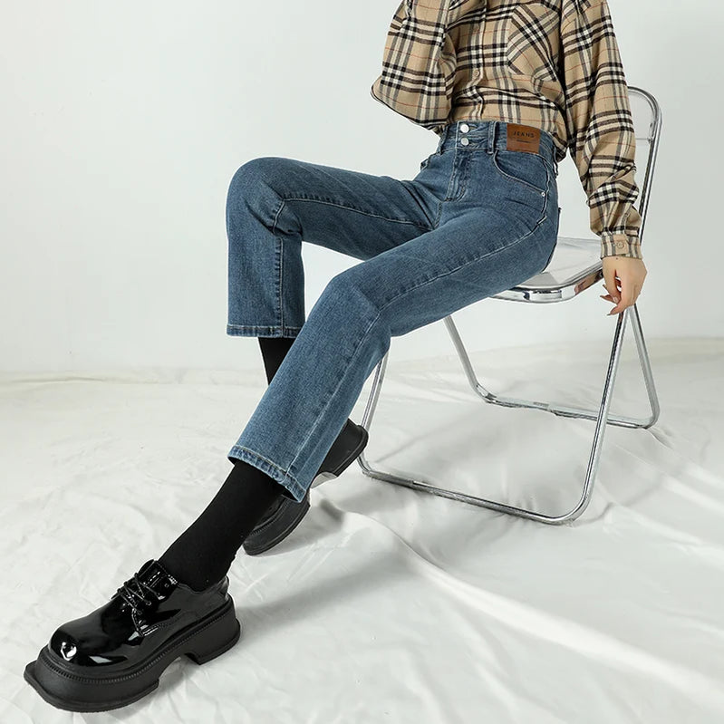 Ladies Denim Jeans High Waist Strecth Slim Straight Brand Double Button Sexy Denim Ninth Pants