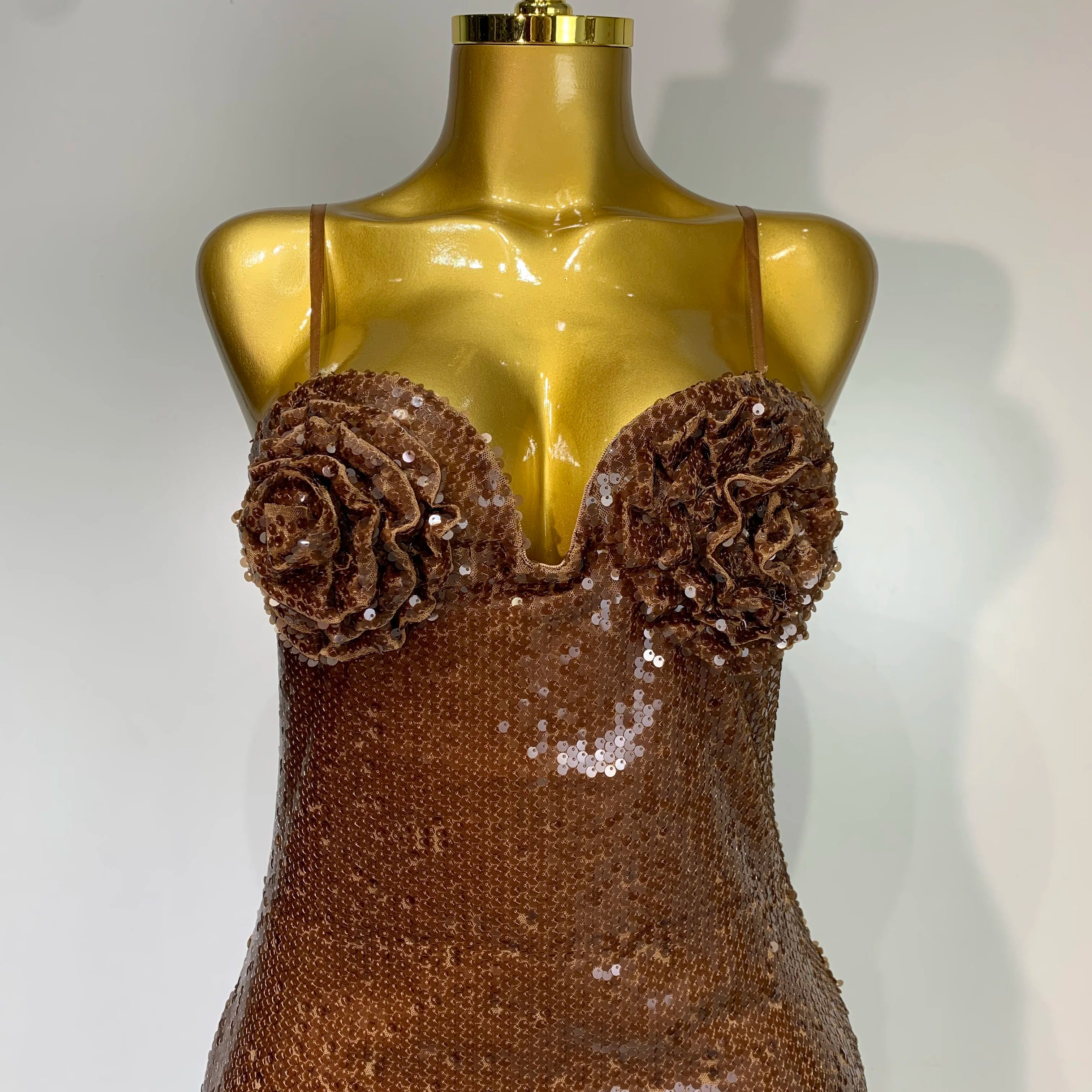 Women Luxury Sexy Sleeveless Backless Mesh Sequins Flower Brown Bodycon Maxi Dress Club Elegant Celebrity  Evening Party Dress