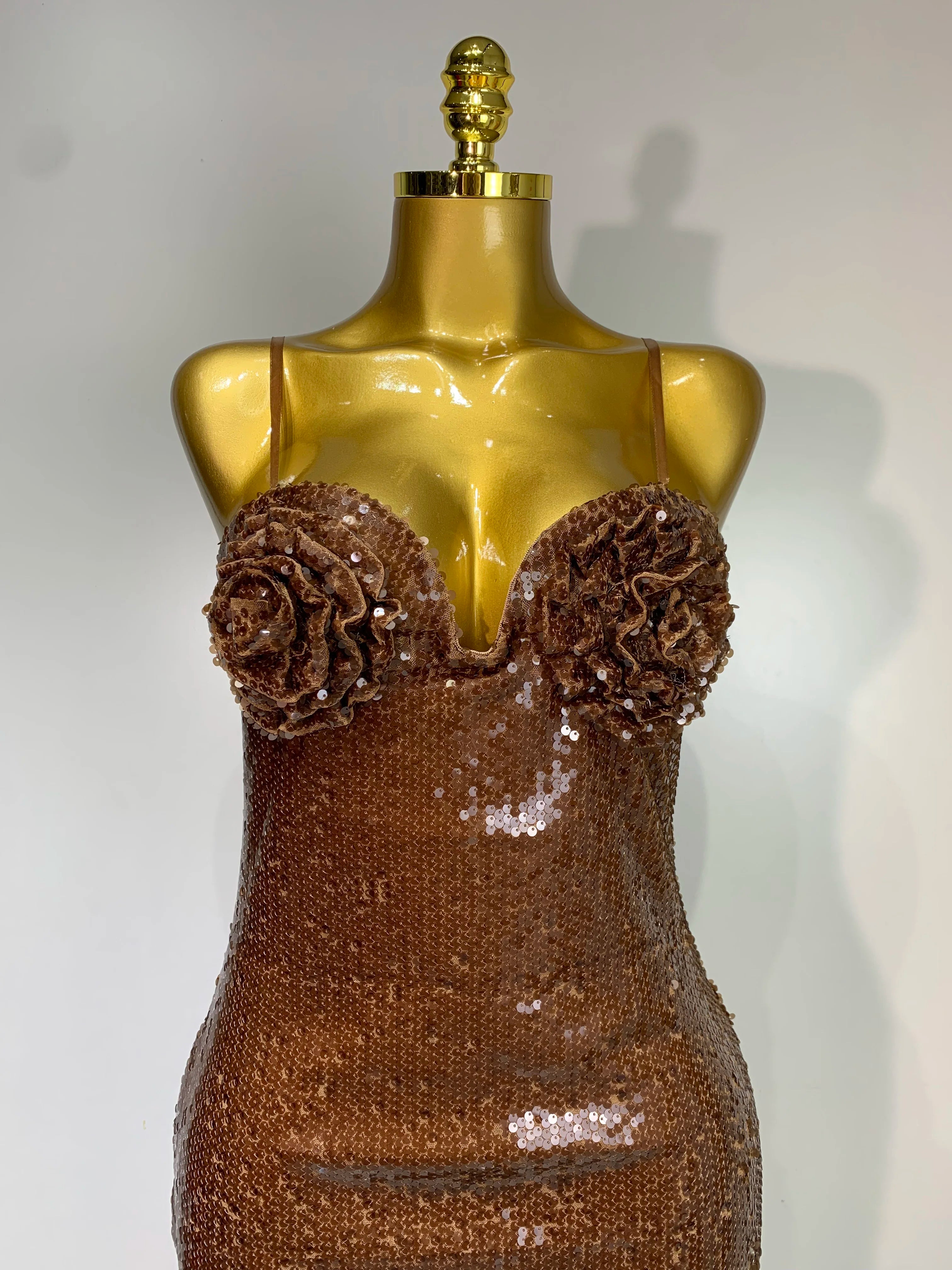 Women Luxury Sexy Sleeveless Backless Mesh Sequins Flower Brown Bodycon Maxi Dress Club Elegant Celebrity  Evening Party Dress