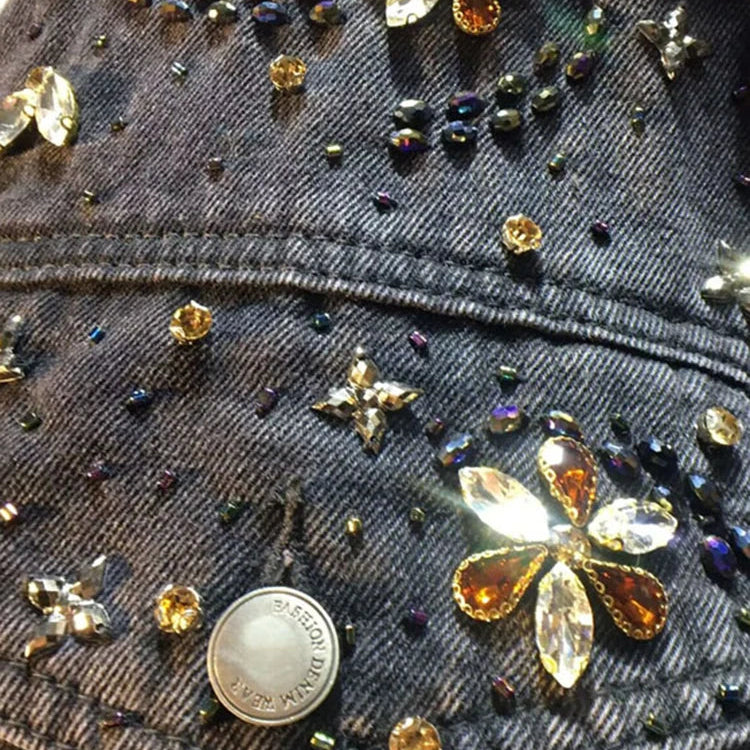 DEAT Women's Denim Coat Wash Black Beading Flowers Diamonds Patchwork Loose Long Sleeve Jackets Summer New Fashion 29L3587