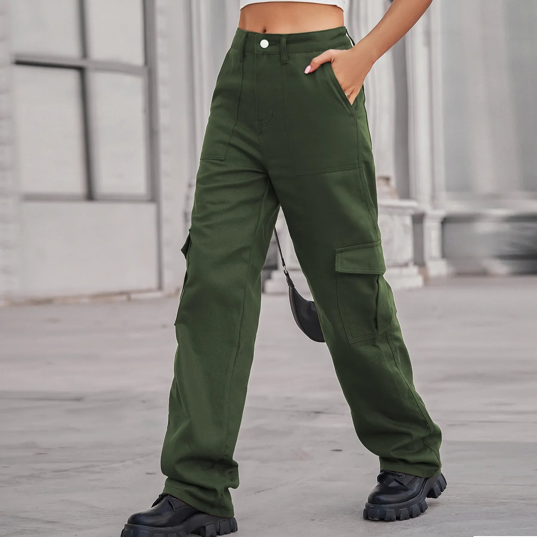 Women's trend cargo pants women New denim with semi elastic design personalized and versatile workwear pants army green