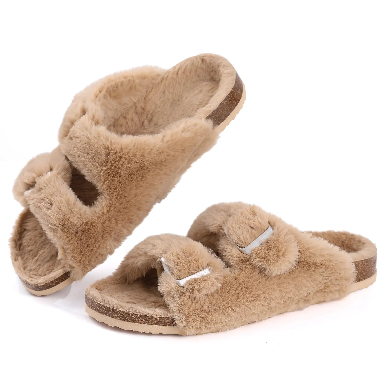 Cork Plush Flip Flops Clogs For Women Slippers Winter Furry Fluffy House Slippers With Arch Support Fuzzy Fur Flip Flops Khaki