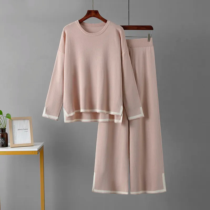 HLBCBG Knitted Women's Trousers Suit Two Piece Set Beige Winter Loose Long Sleeve Knitwear Flare Pants Sets Female Casual Suits Lotus root color One Size