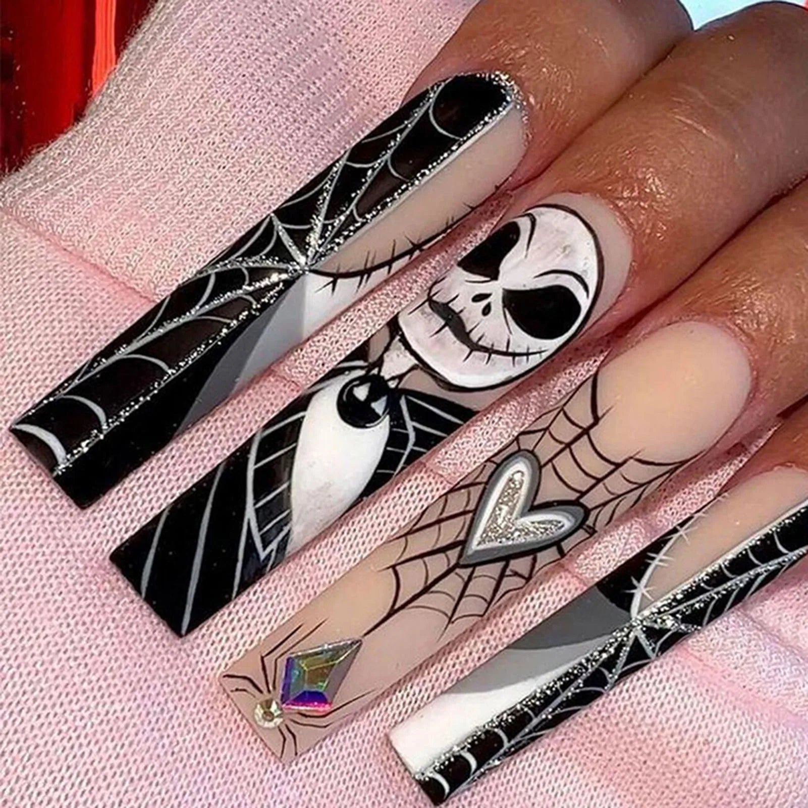 24pcs Scary Blood Skull Fake Nails Long Coffin Ballet Halloween Spider Web Print False Nails Wearable European Press on Nails