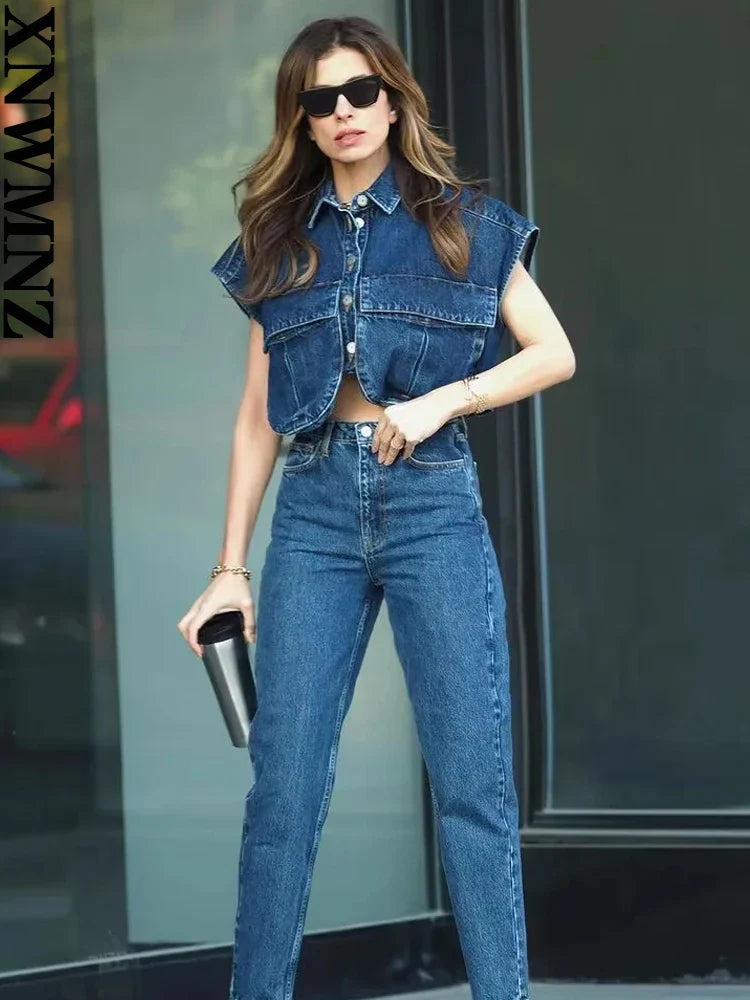 XNWMNZ Women Fashion Pockets Cropped Denim Shirts Sexy Sleeveless Button-up Female Blouses Blusas Chic Top