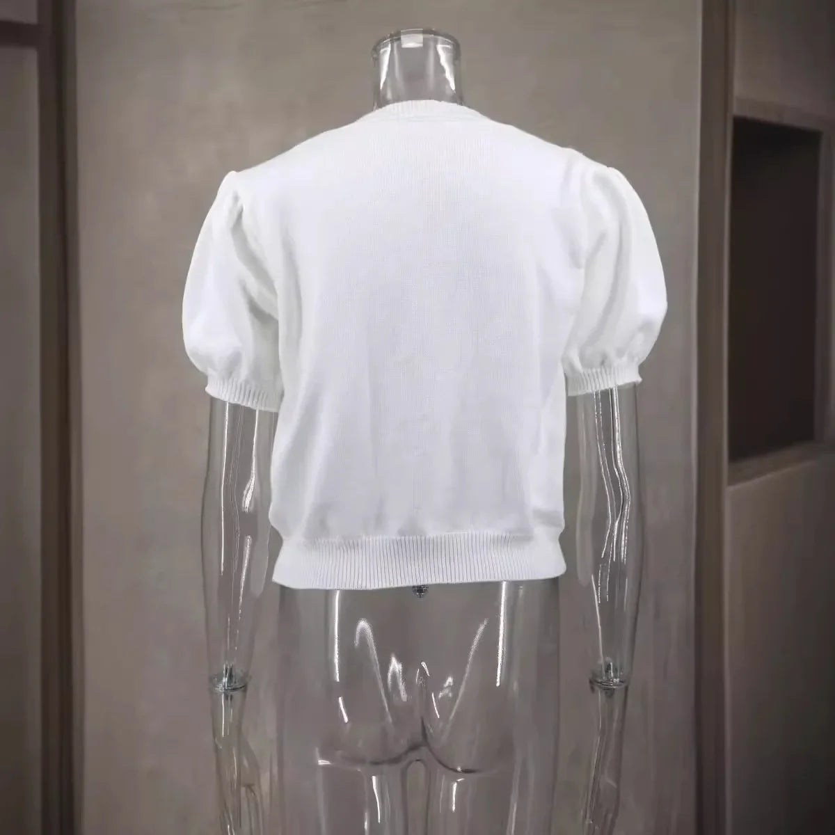 Spring Summer Women Knitted Pullover Sweater Bow Lace Up V-neck Short Puff Sleeve Crop Female Sweet Pink White Streetwear