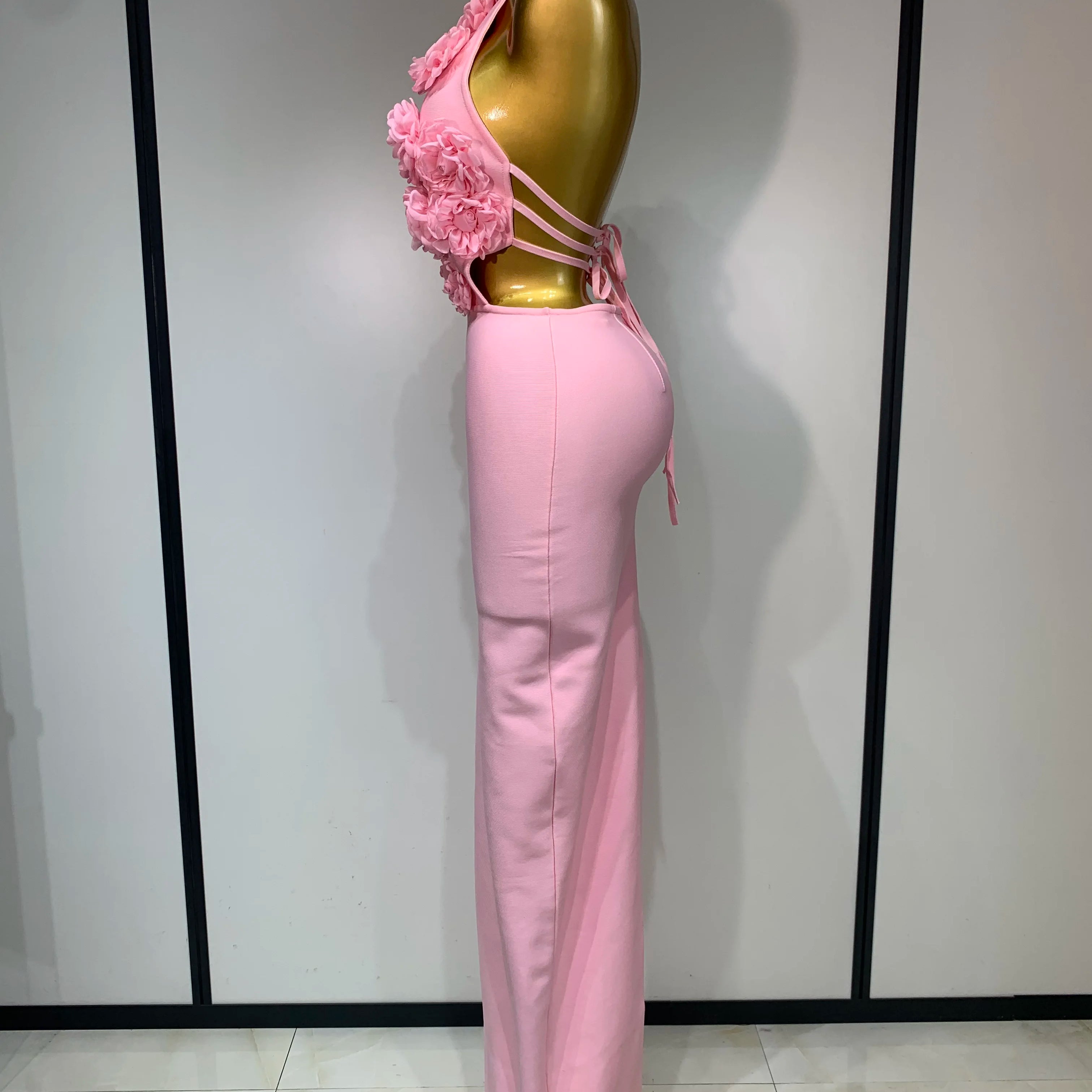 Luxury Birthday Dress Women Celebrity Sexy Halter Backless Flower Long Bandage Bodycon Dress 2025 Elegant Evening Party Outfit ﻿