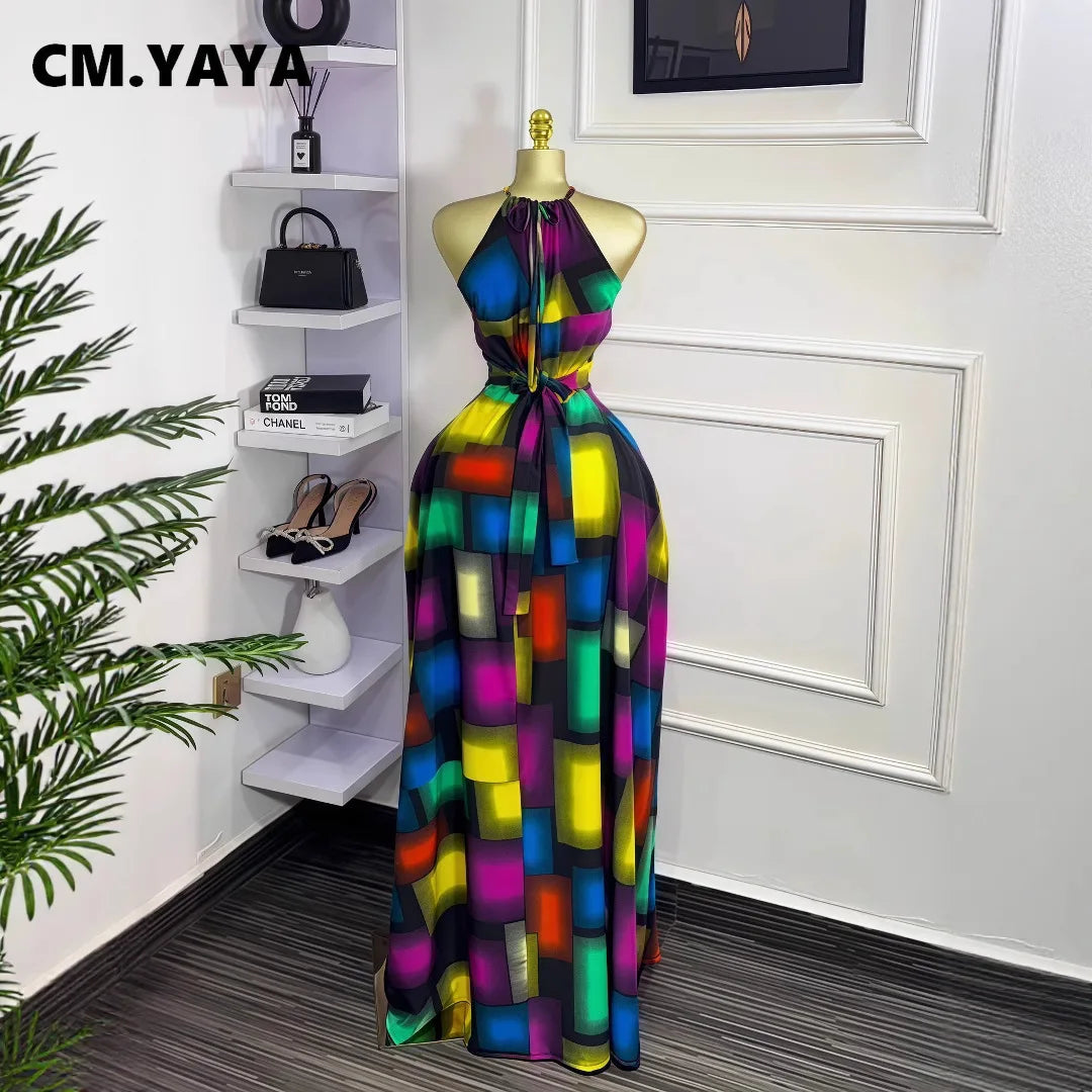 CM.YAYA Women Printed Halter Sleeveless Tank Maxi Long Dress 2025 Summer Beach Birthday Sexy Vacation Party Evening Dresses