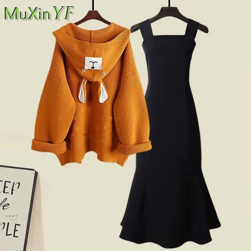 Autumn/Winter New Fashion Hooded Knit Sweater Dress Two Piece Suit Women's Korean Elegant Cardigan Strap Skirt Matching Set