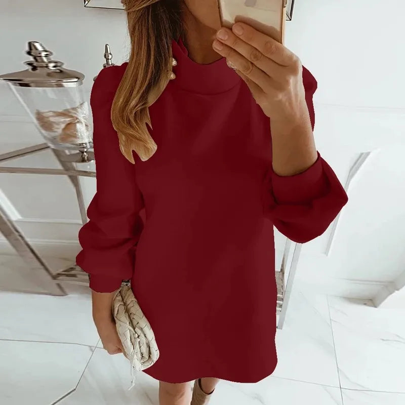 Office Lady Dress Elegant Button Turtleneck Autumn Winter Dress Women New Fashion Sequins Long Sleeve A-Line Party Dress Vestido 04 Red