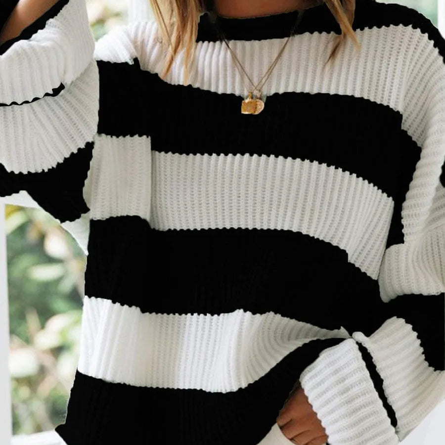 Women Stripe Print Cable Knit Round-Neck Long Sleeve Sweaters Fall Winter Loose Sweater Thick Cozy Chunky Knitwear