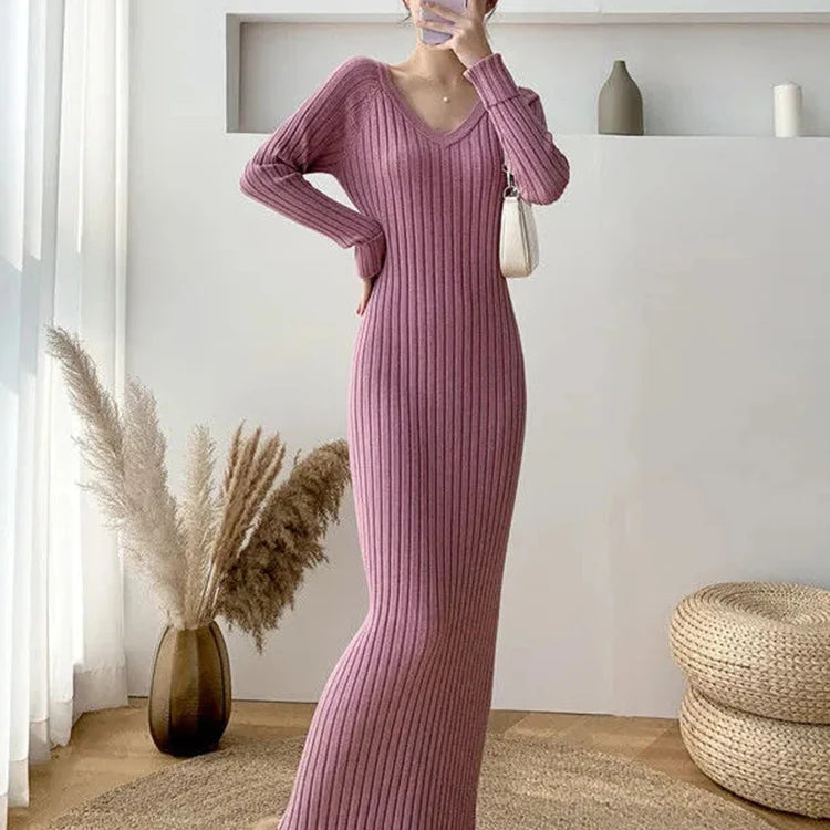 Zoki Elegant Solid Women Knitted Dress Simple Korean Slim Long Sleeve Ankle Length Dress Casual V Neck Office Ladies Chic Dress Purple