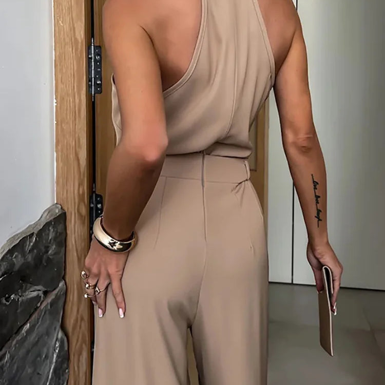 New Spring Summer Women Sleeveless Jumpsuits, Wide Leg Pants Loungewear Playsuits, Patchwork Pocket Simple Ladies Bodysuits