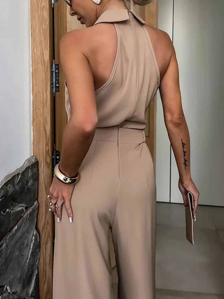 New Spring Summer Women Sleeveless Jumpsuits, Wide Leg Pants Loungewear Playsuits, Patchwork Pocket Simple Ladies Bodysuits