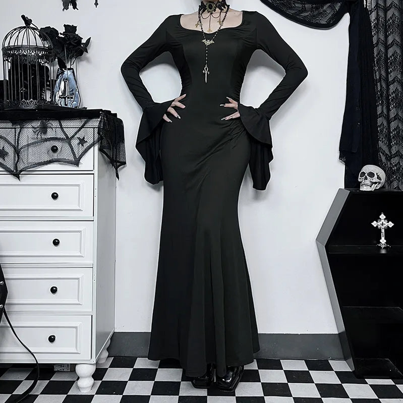 Halloween Cos Morticia Elegant Gothic Dress for Women Adams Family Inspired Wednesday Slim Summer Mermaid